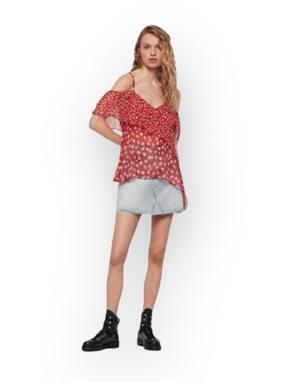 new Allsaints ꕥ Off Shoulder Ruffled Silk Floral Print Top ꕥ Red ꕥ Wear 2 Ways - Picture 1 of 16